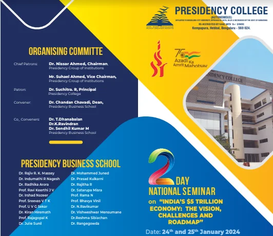 National Conference being conducted by the MBA Dept of Presidency College on the 24th and 25th Jan 2024.